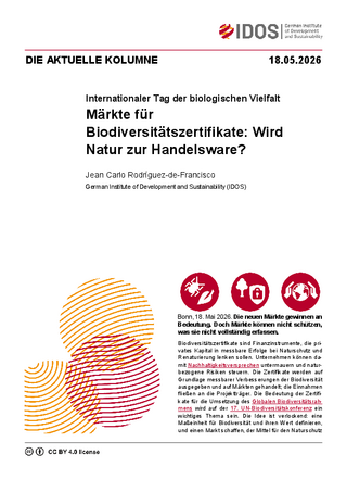 Cover: Die aktuelle Kolumne vom 18.05.2026 "Märkte für Biodiversitätszertifikate: Wird Natur zur Handelsware?" von Jean Carlo Rodríguez-de-Francisco.