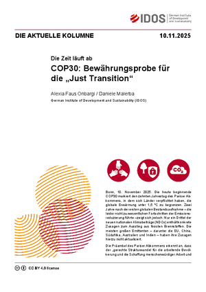 Cover: Die aktuelle Kolumne vom 10.11.2025 "COP30: Bewährungsprobe für die „Just Transition“" von Alexia Faus Onbargi und Daniele Malerba.