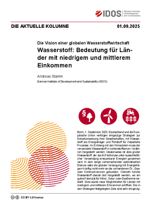 Cover: Die aktuelle Kolumne vom 01.09.2025 "Wasserstoff: Bedeutung für Länder mit niedrigem und mittlerem Einkommen" von Andreas Stamm.