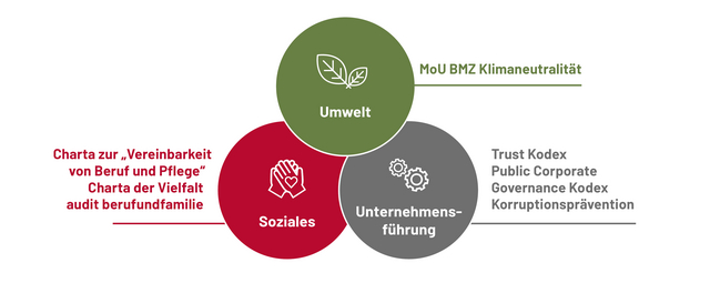 Venn-Diagramm zu Umwelt, Soziales und Unternehmensführung mit Beispielen wie Klimaneutralität, Charta der Vielfalt und Governance-Kodizes.