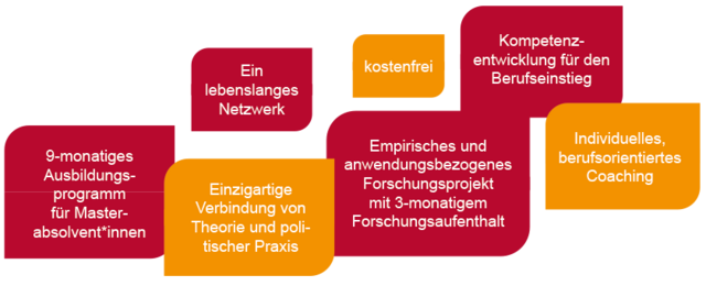 Grafik mit farbigen Textfeldern, die zentrale Elemente des Postgraduierten‑Programms darstellen: ein 9‑monatiges Ausbildungsprogramm, ein einzigartiger Praxis‑Theorie‑Bezug, ein lebenslanges Netzwerk, ein empirisches Forschungsprojekt mit Forschungsaufenthalt, Kompetenzentwicklung für den Berufseinstieg, individuelles Coaching sowie die Kostenfreiheit des Programms.