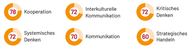 Sechs Kreisdiagramme mit Kompetenzwerten: Kooperation 78, Interkulturelle Kommunikation 72, Kritisches Denken 72, Systemisches Denken 72, Kommunikation 70, Strategisches Handeln 60.
