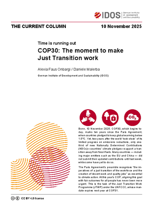Cover: The current Column of 10 November 2025 "COP30: The moment to make Just Transition work" by Faus Onbargi and Daniele Malerba.