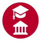 Icon: Research, represented by a barrette and a university building in white on a red background.