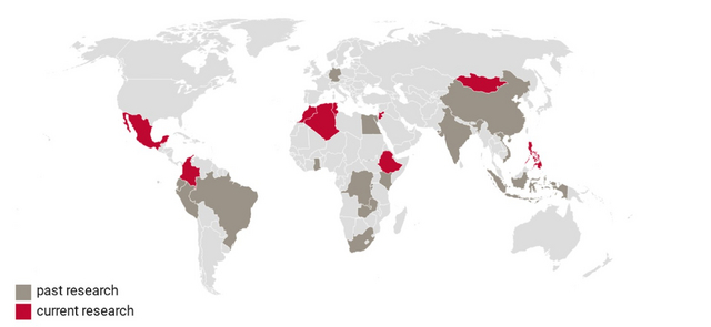 Map of the world with current and past research projects