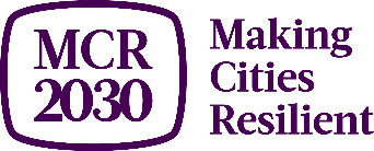 Logo: Making Cities Resilient 2030, MCR2030 is a place where cities can find guidance and support to enhance understanding of risk reduction and resilience