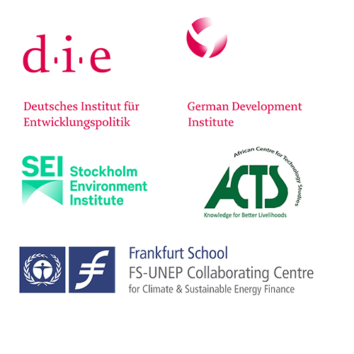 Parade: Logos of the partners African Centre for Technology Studies (ACTS), Stockholm Environment Institute (SEI), German Development Institute / Deutsches Institut für Entwicklungspolitik (DIE), Frankfurt School – UNEP Collaborating Centre for Climate & Sustainable Energy Finance